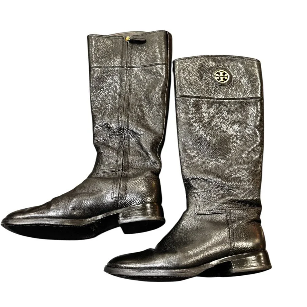 Tory Burch Junction Riding Boots — Black Tumbled Leather — Size 8.5